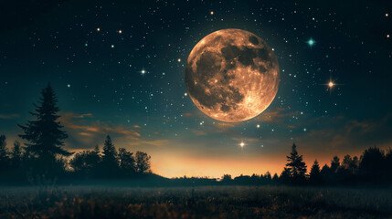 A magical night sky with a large glowing moon