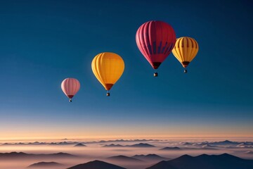 Obraz premium A colorful hot air balloon floats high in the summer sky, casting a red shadow on the fluffy clouds below