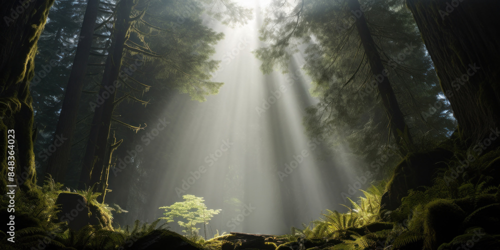 Wall mural Sunlight Streaming Through Mist In Lush Forest. Ancient Fern Covered Woods. Generative AI