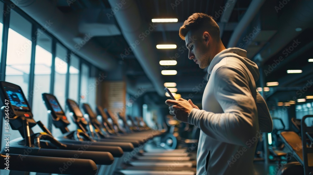 Poster fit individual monitoring intermittent fasting app while running on treadmill in modern gym
