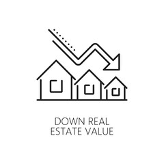 Economic crisis line icon of real estate value down or property depreciation, vector outline symbol. Real estate value decrease with arrow down icon for global economic crisis and financial downturn