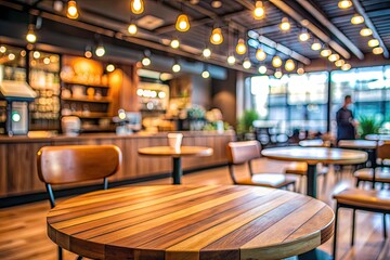 Cozy coffee interior with wooden tables and chairs under warm lighting