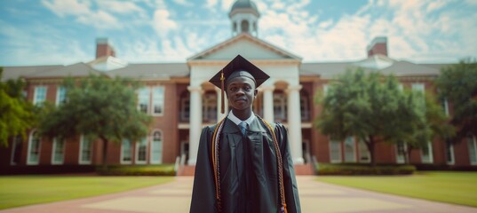 Graduation Day Celebration: Proud Student in Cap and Gown in Front of Ivy League School Building