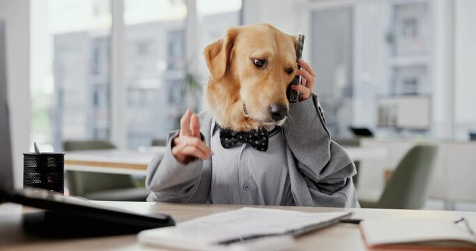 Office, business and dog in phone call for discussion with laptop or documents for negotiation and conversation. Comic, mimic and animal with person hands at workplace for networking and connection