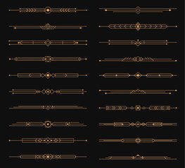 Golden art deco dividers, menu border elements, elegant ornament frame vector set of decorative elements. Refined gold luxurious, symmetrical dividers, underlines or headers. Art deco embellishment © Vector Tradition