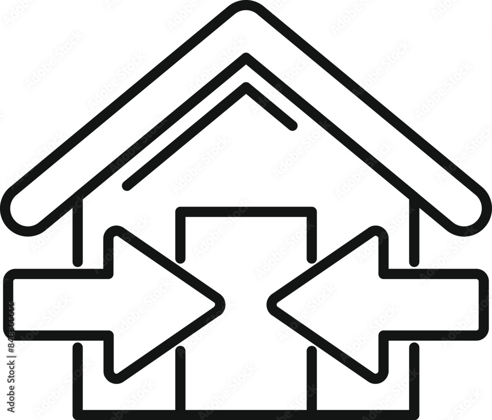 Poster simple line art icon of a house with arrows pointing in opposite directions, illustrating the concep