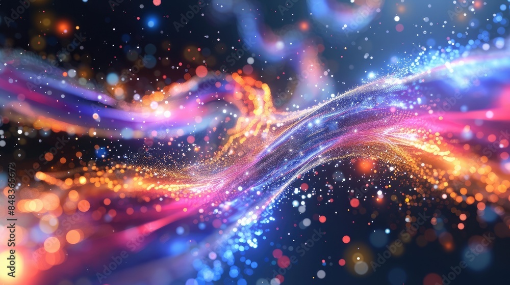 Poster colorful glowing and shiny particles flow in a stream of light. aig535