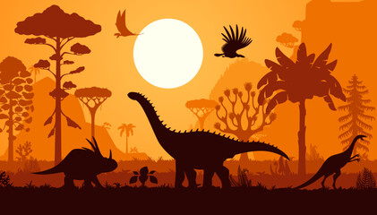 Dinosaur silhouettes, vector Prehistoric scene with silhouetted dino animals, soaring pterodactyl and argentavis, triceratops and sauropod roam landscape with ferns, hills, palm trees and dusk sun © Vector Tradition