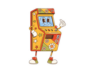 Cartoon groovy retro slot machine character. Isolated vector arcade cabinet with flowers, exudes vibrant 70s vibe with cheerful expression and retro gaming aesthetic, nostalgic entertainment equipment