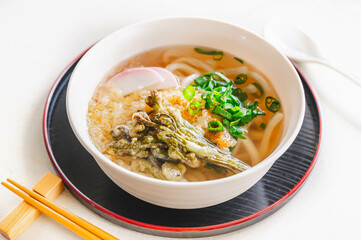 レンジ加熱で山菜うどん