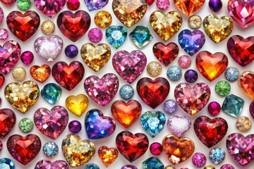 Fototapeta premium Colorful assortment of heart-shaped gems and crystals