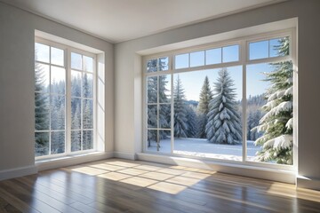 Fototapeta premium Sunlit room with large windows and a snowy outdoor view