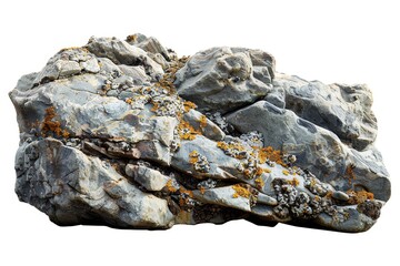 Close-up of a large, weathered rock with lichen growth, showcasing unique textures and natural patterns, isolated on a white background.