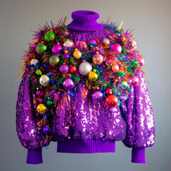 A bright purple ugly Christmas sweater decorated with colorful balloons, sequins and shiny tinsel, a festive costume, a festive Christmas party concept and greeting cards