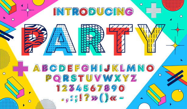 Memphis artistic font, hipster headline type. Vector geometric, modern abstract typescript, colorful funny typeface, english alphabet. Abc line letters, signs and numbers in colorful memphis style