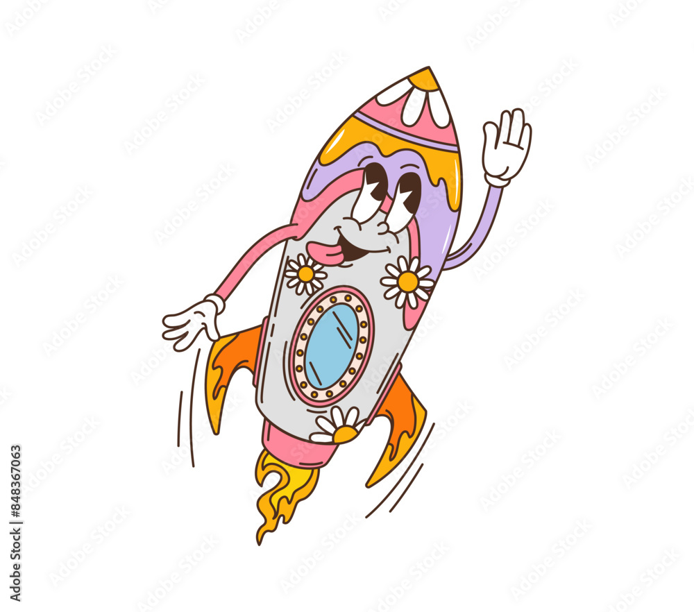 Poster Cartoon groovy space rocket character. Isolated vector retro hippie style spaceship launch into cosmos. Playful flower-patterned rocket joy ready for galaxy adventure and fun of space exploration