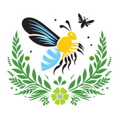 Vibrant Artistic Stylized Bee Illustration with Colorful Floral Elements Modern Artistic Illustration of a Honeybee.