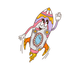 Cartoon groovy space rocket character. Isolated vector retro hippie style spaceship launch into cosmos. Playful flower-patterned rocket joy ready for galaxy adventure and fun of space exploration