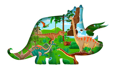 Paper cut prehistoric dinosaur silhouette 3d vector frame with dino species. Tyrranosaurus, tapejara, aegyptosaurus, lambeosaurus and brachiosaurus in lush environment with waterfall and palm trees © Vector Tradition