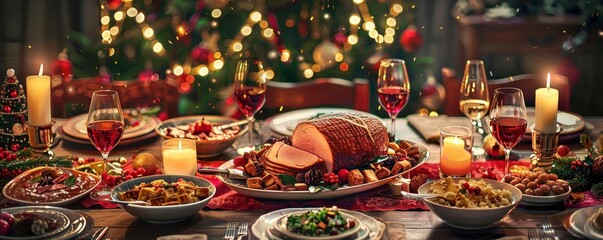 A beautifully set Christmas dinner table with an array of traditional dishes