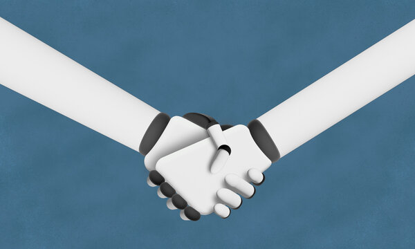 Stylized illustration of a firm handshake on blue