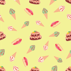 Cake, cheesecake, ice cream will make a dessert that will not leave anyone indifferent, cake, cheesecake, dessert, confectioner, sugar, vector, illustration, isolated, background, art, food, jam, waff