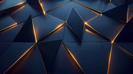 Luxurious dark blue abstract background template with opulent triangle pattern and golden illumination lines. Generative AI