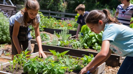 School Garden with Students Planting Herbs and Learning About Culinary and Medicinal Uses