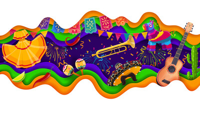 Hispanic and Mexican holiday paper cut banner with sombrero and pinata, vector background. Cinco De Mayo, Hispanic heritage and fiesta party celebration banner, Mexican maracas and papel picado flags