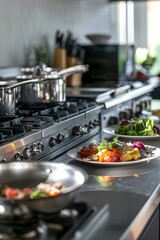 kitchen with many pots and pans on stove.