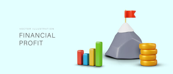 Concept of financial profit in cartoon style. 3D mountain with flag on top, coins, color diagram