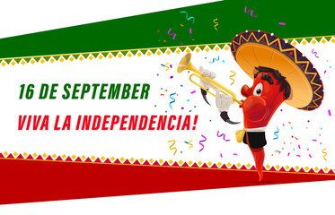 Independence Day of Mexico banner. Mexican chili pepper musician with confetti and national flag, vector Mexico holiday. Cartoon chili or jalapeno mariachi character with sombrero playing trumpet © Vector Tradition