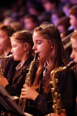 Fototapeta premium Young Musicians Performing at School Concert Fundraiser for New Music Equipment
