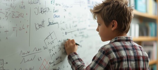 Young Student Practicing Math Equations on Whiteboard for Upcoming Test Preparation and Learning