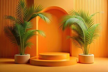 Obraz premium Modern stage with palm plants and orange backdrop