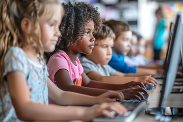 Obraz premium Multiethnic group of children using computers in a classroom.
