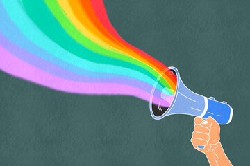 Colorful Pride Day illustration with megaphone spreading a rainbow