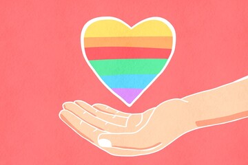 Heart in hand Pride Day illustration on a pink background