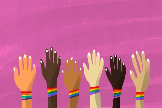 Pride Day celebration illustration with diverse raised hands