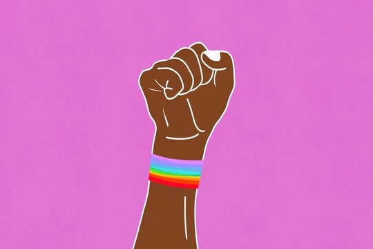 Powerful raised fist with pride wristband illustration