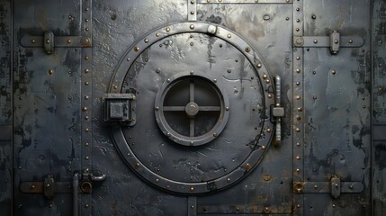 Metal door with porthole on wall with pipes, valves and rivets. Bunker close entrance. Ship or secret laboratory steel bulletproof doorway with illuminator and rotating lock wheel realistic 3D modern.