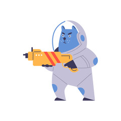 Fantasy blue cat astronaut with a blaster, vector illustration.