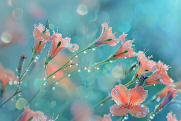 Fresh flowers with dewdrops on a misty, dreamy background