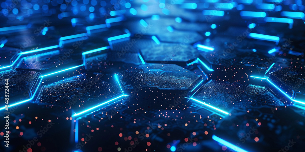 Poster futuristic blue hexagonal grid with illuminated dots