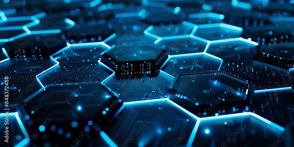 Poster futuristic blue hexagonal grid with illuminated dots