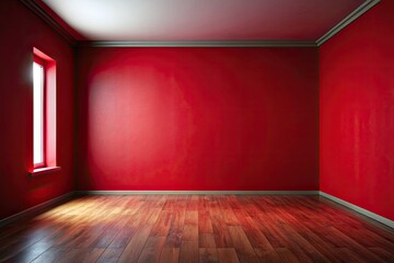 Empty red room with wooden floors and one window