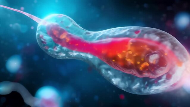 A microscopic examination of a single sperm-like cell with a tail, revealing the detail and complex processes occurring within its walls