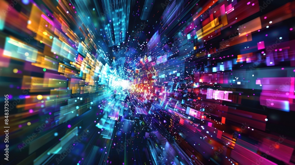 Poster immerse yourself in a mesmerizing journey through a vibrant, pulsating tunnel of colorful lights. ai