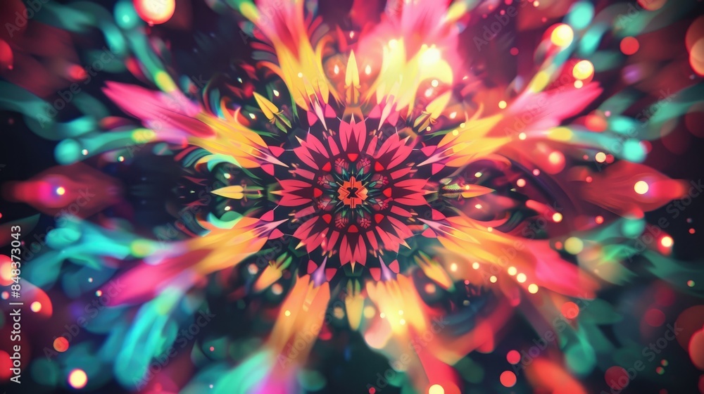 Poster abstract geometric patterns in a kaleidoscope design with a hypnotic and colorful background animati