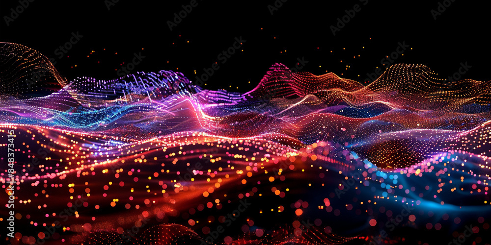 Wall mural Abstract Digital Landscape with Red and Blue Light Waves